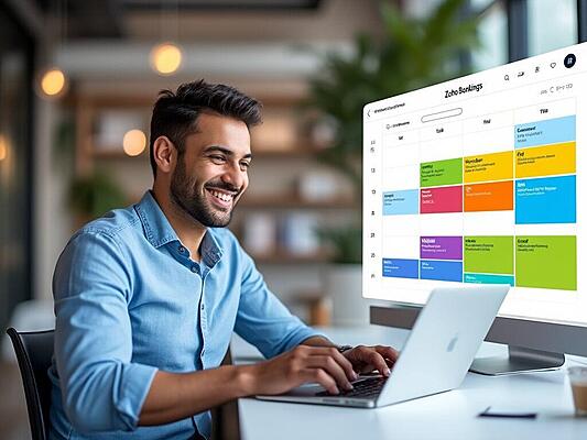 Modern, sleek interface showcasing a calendar with various colour-coded appointments, alongside a satisfied entrepreneur using a laptop in a well-lit, minimalist office setting. The Zoho Bookings logo should be prominently displayed.